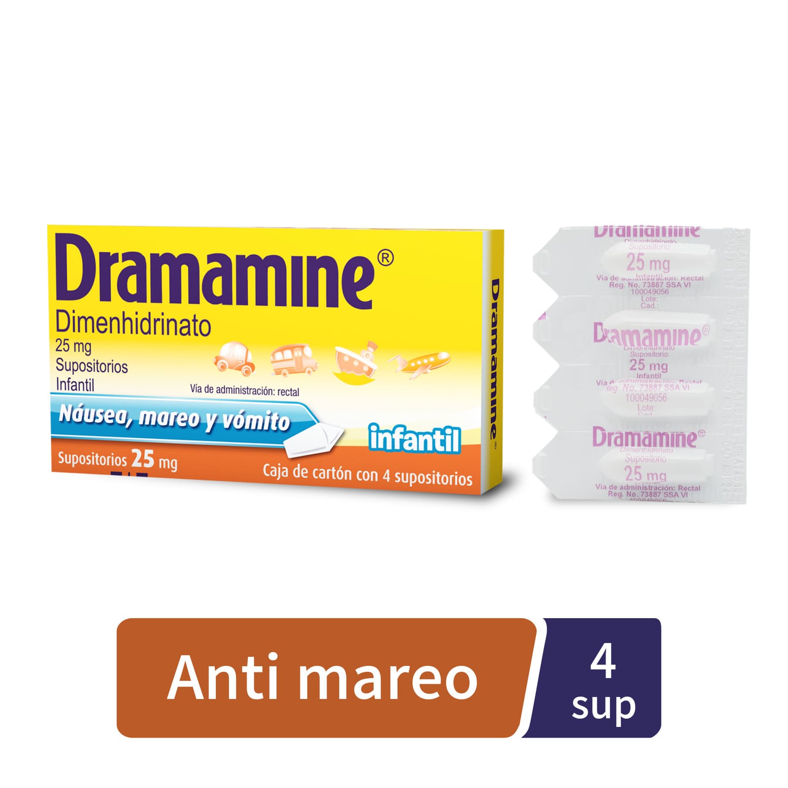 Dramamine Infantil 25 mg con 4 Supositorios