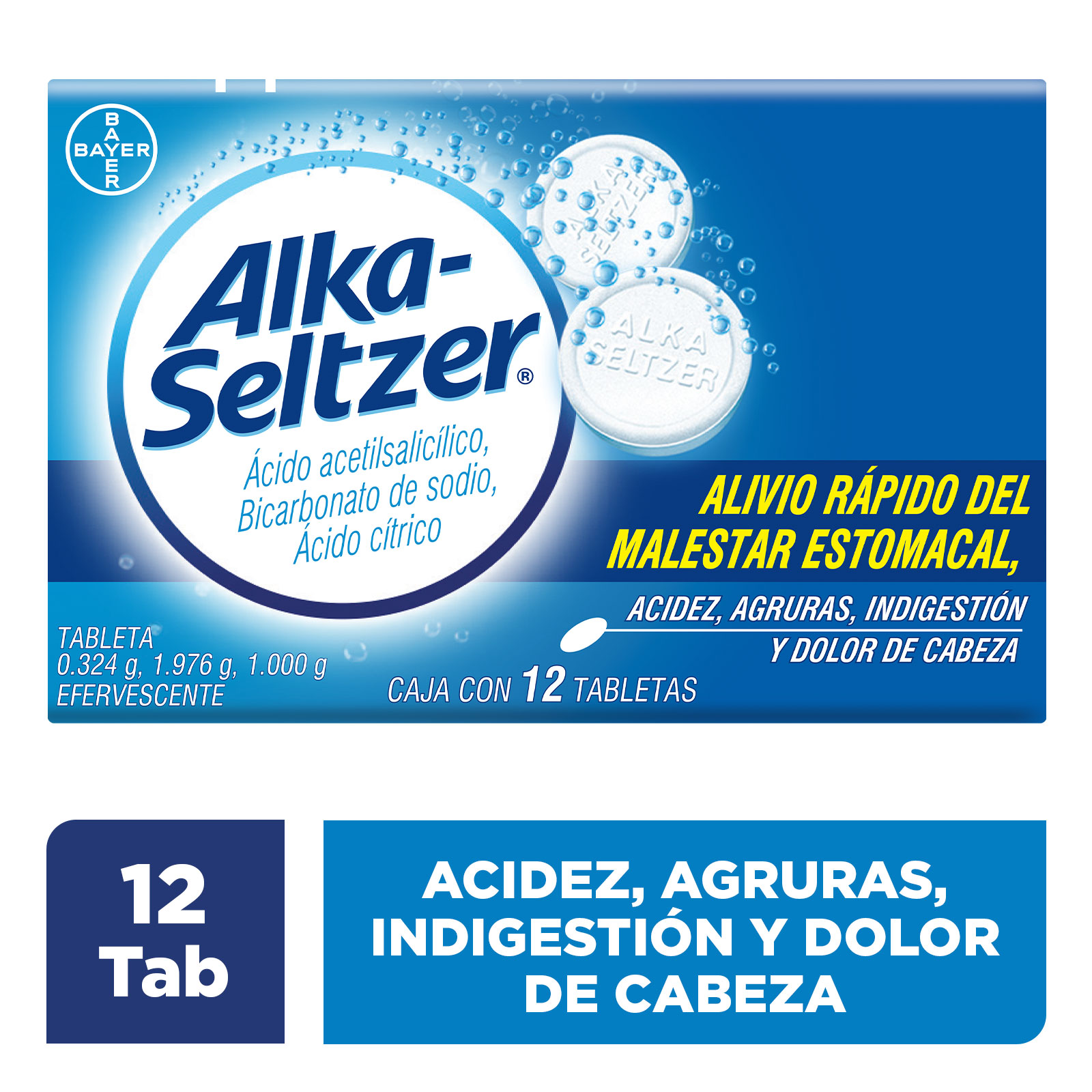 Alka Seltzer Alivio del Malestar Estomacal y Dolor de Cabeza Caja con 12 Tabletas Efervescentes