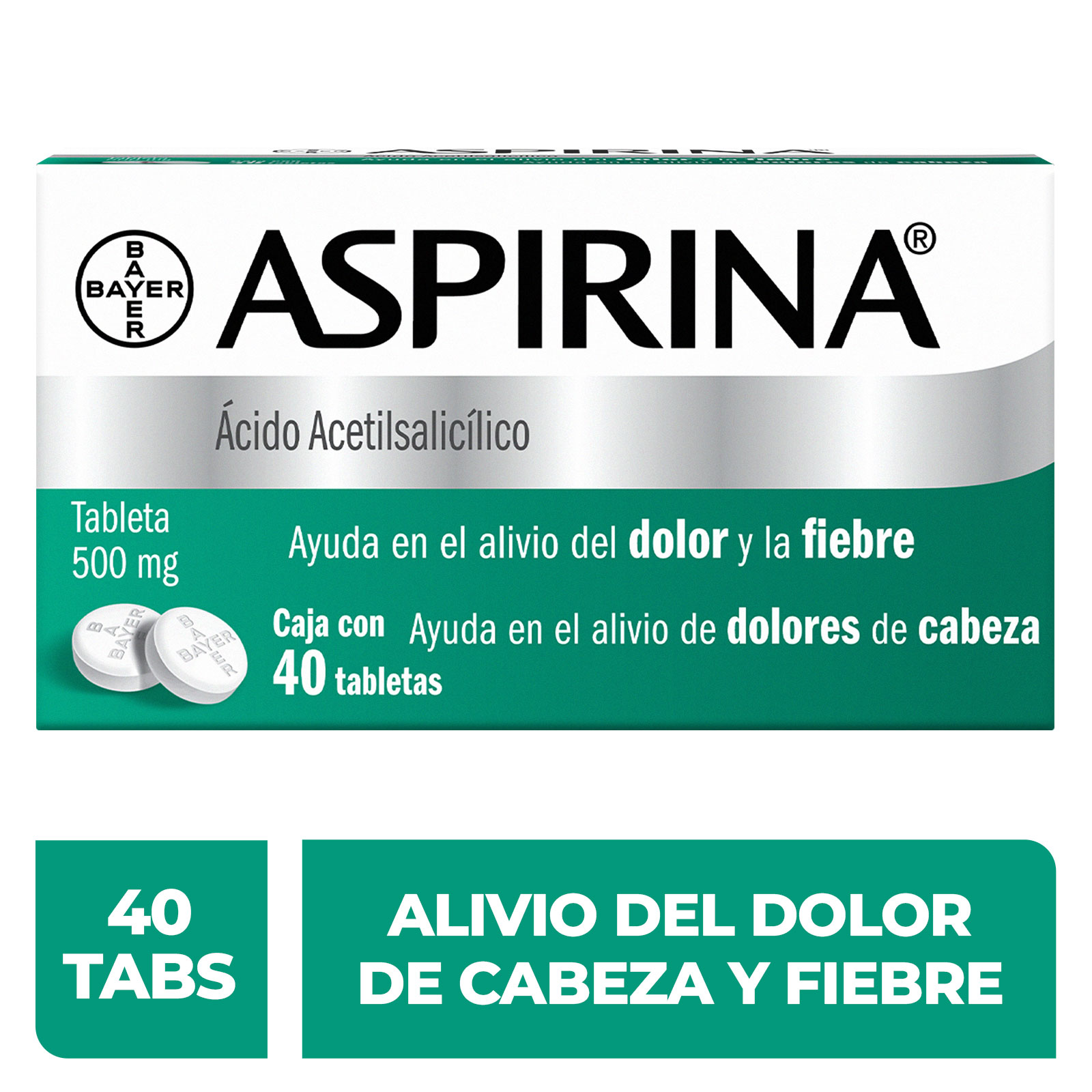 Aspirina Analgesico Para Dolor de Cabeza y Fiebre 40 Tabletas 500 mg