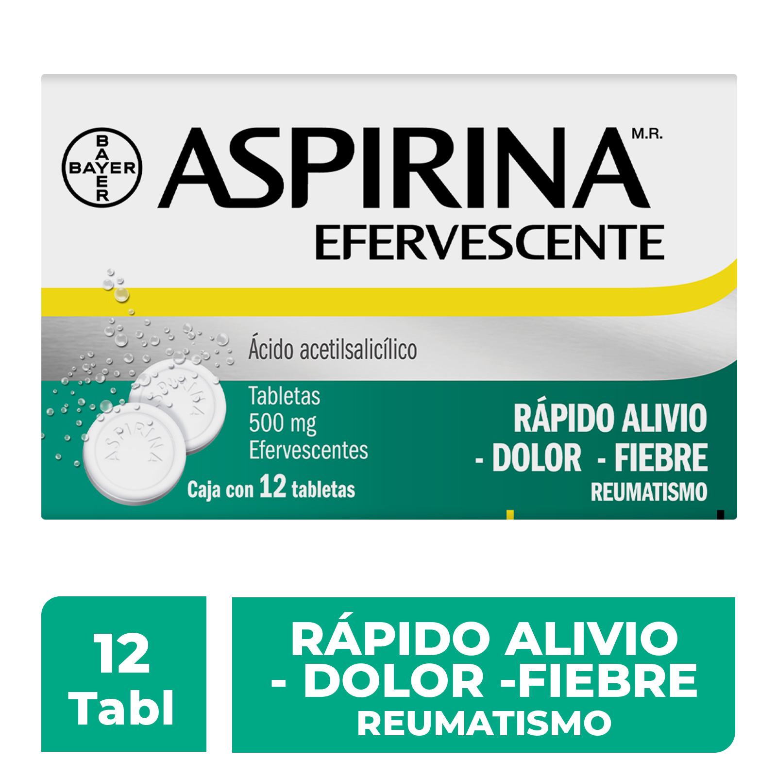 Aspirina Efervescente Analgésico Para Dolor de Cabezay Fiebre 12 Tabletas 500 mg