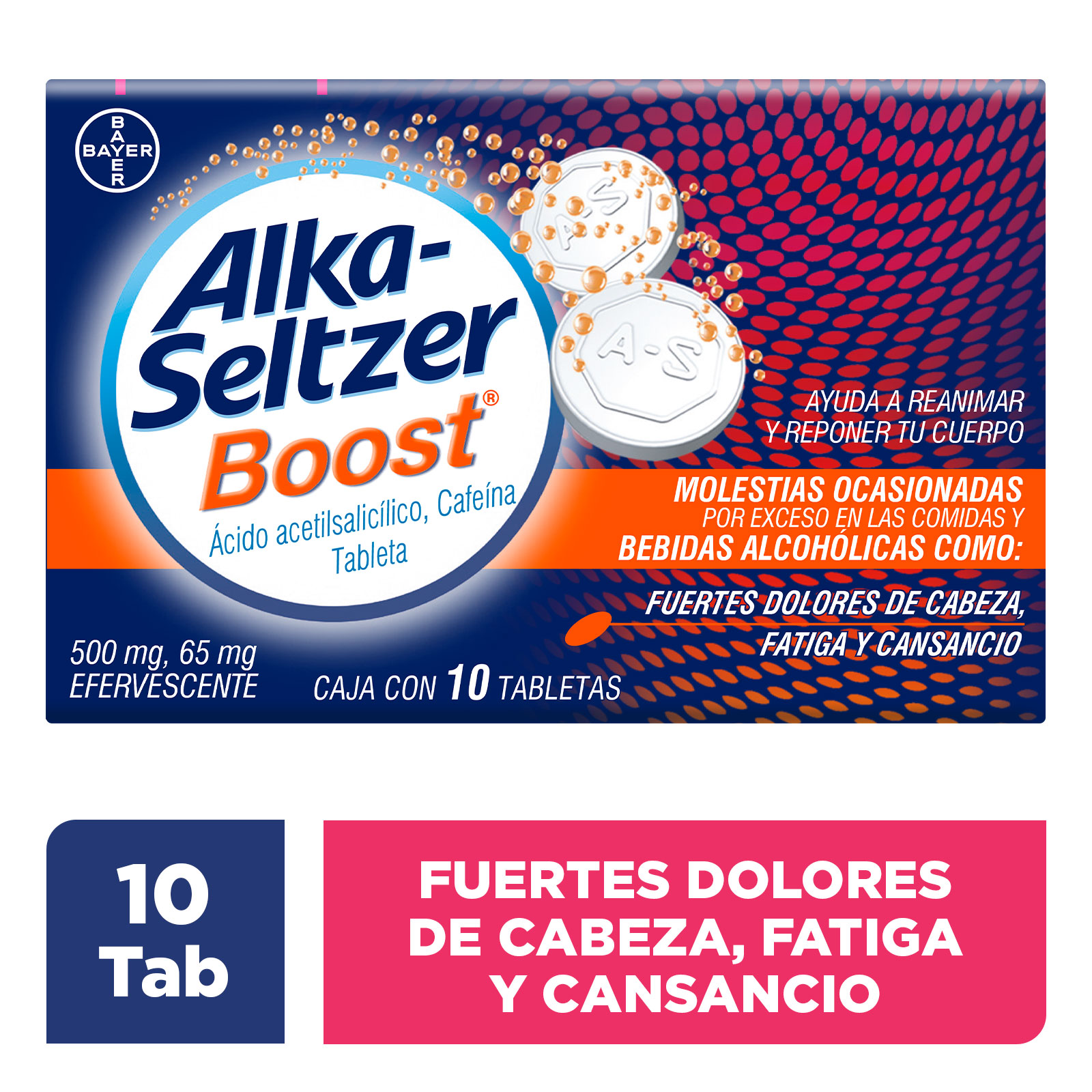 Alka Seltzer Boost Dolor de Cabeza, Fatiga, Cansancio, Cruda y Malestar Estomacal Caja con 10 Tabletas Efervescentes
