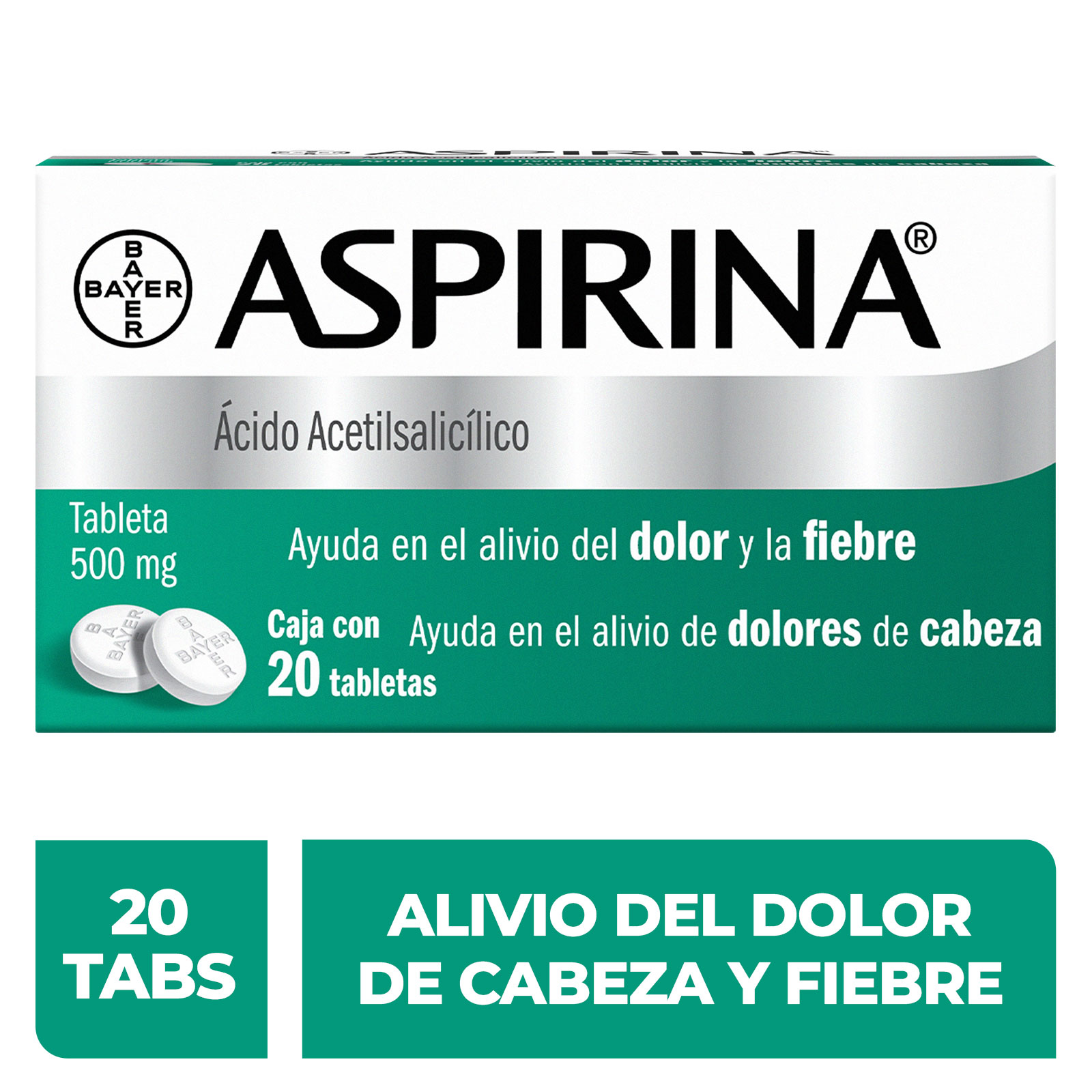 Aspirina Analgesico Para Dolor de Cabeza y Fiebre 20 Tabletas 500 mg