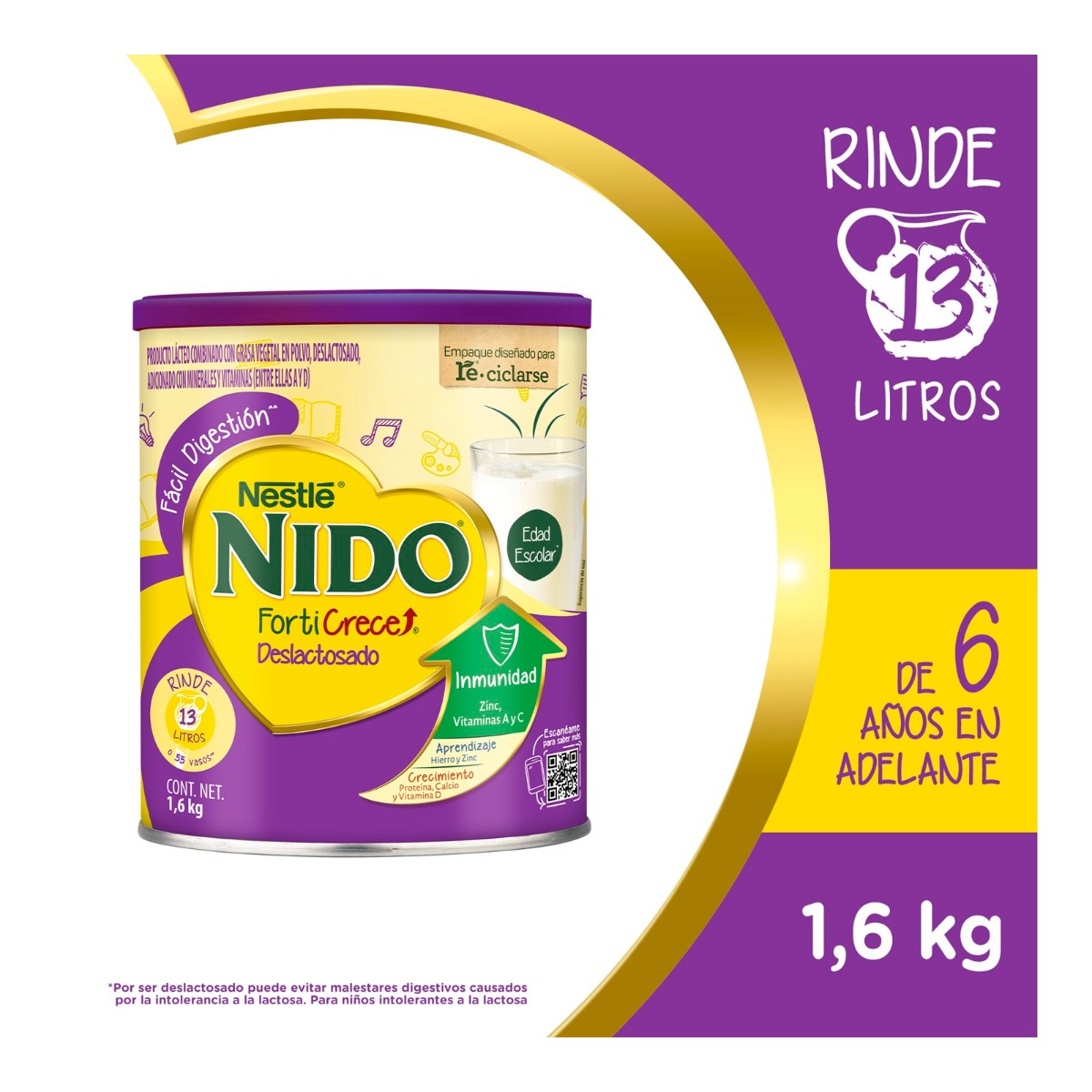 NIDO Forticrece Leche en Polvo Deslactosado Lata 1.6 kg
