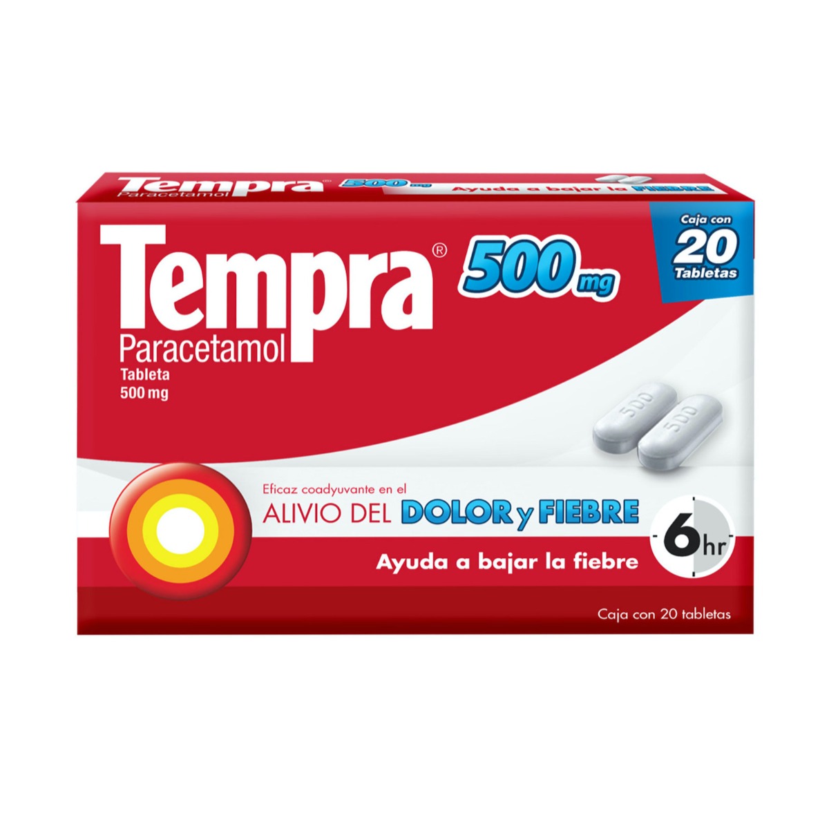 Tempra 500 mg Adultos Paracetamol caja 20 tabletas