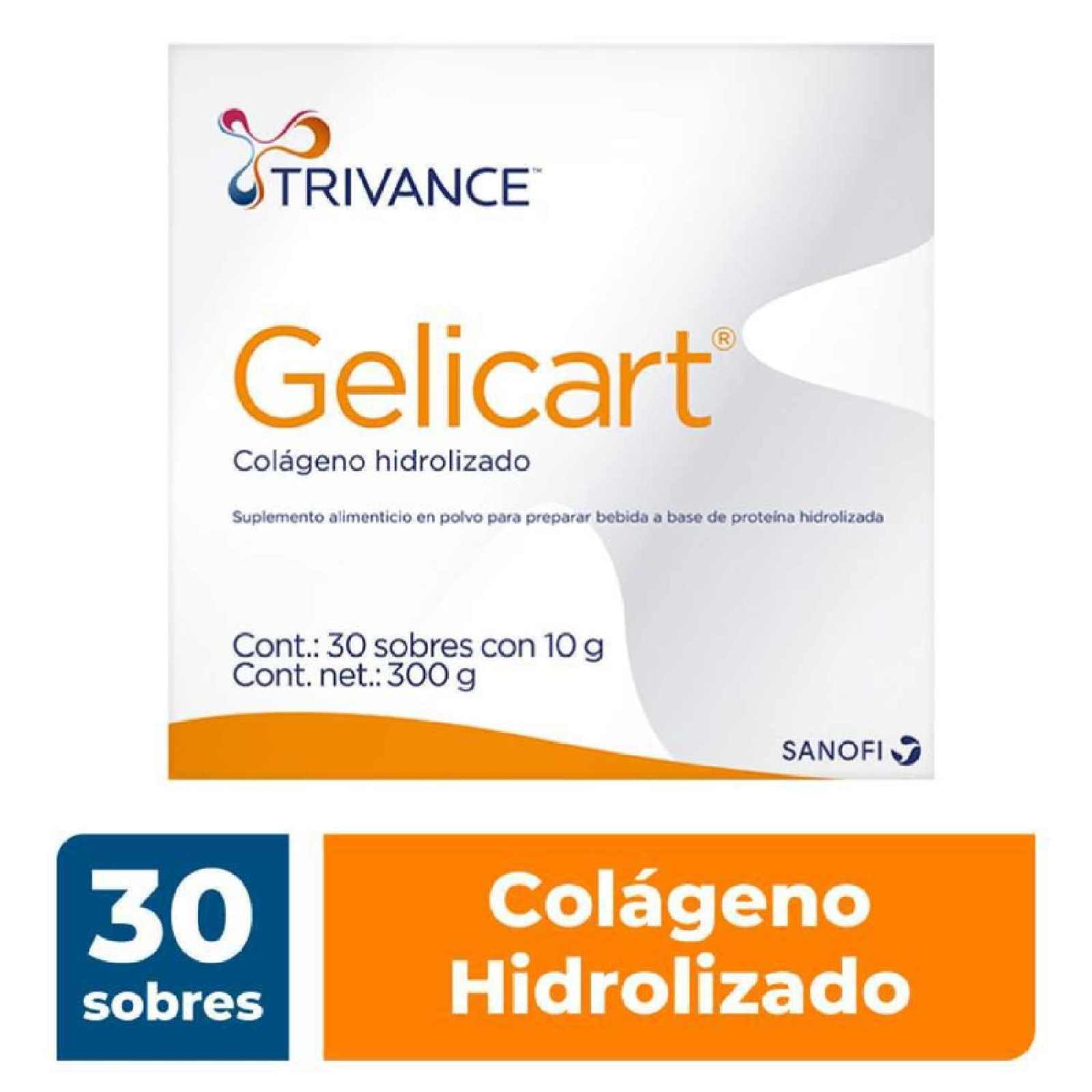 Gelicart Trivance Colágeno Hidrolizado 30 Sobres con 10 g Suplemento Alimenticio Sin Olor, Sin Sabor, Sin Lactosa, Sin Azúcar, Sin Grasa y 100% Natural