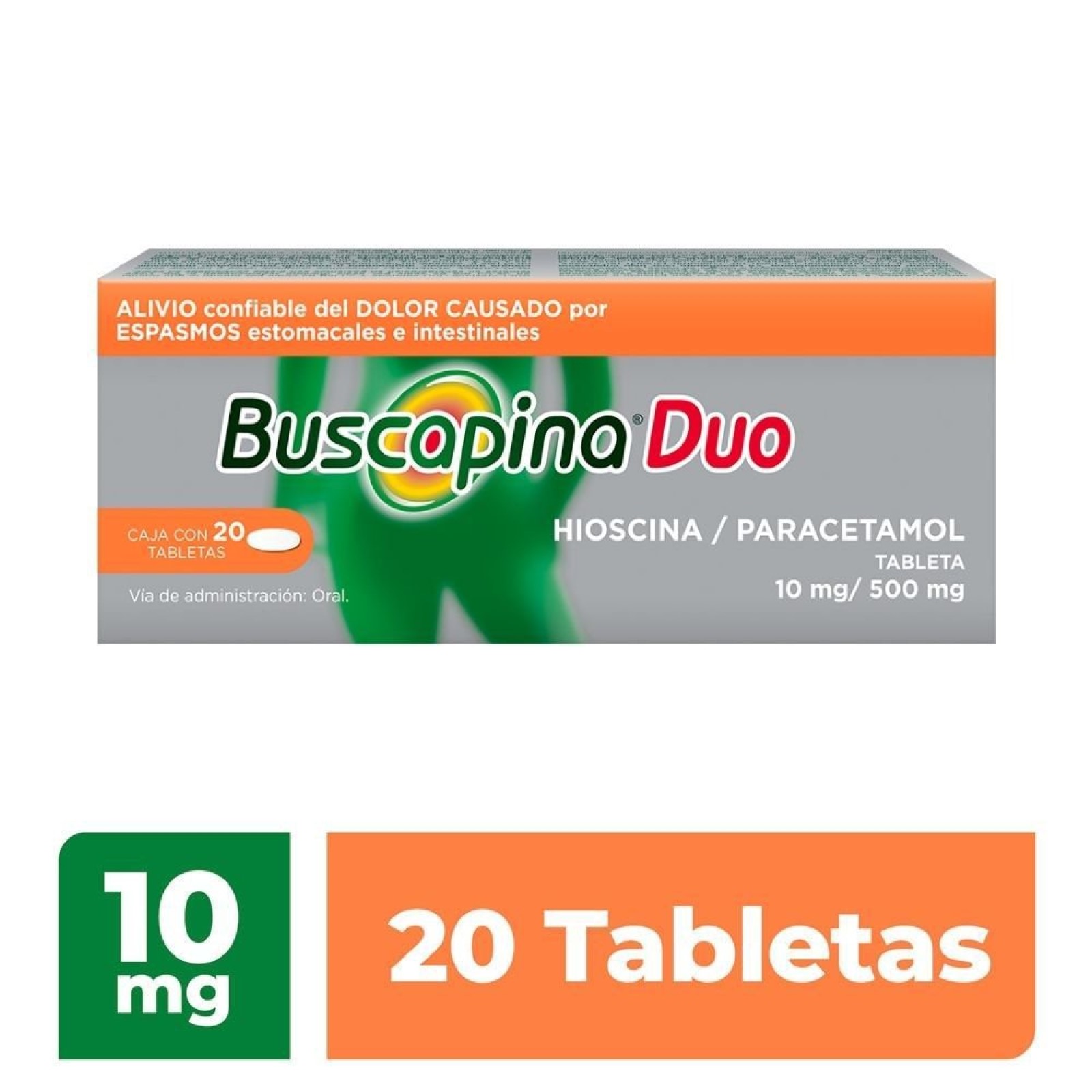 Buscapina Duo Antiespasmódico y Analgésico 20 Tabletas. Alivia Eficazmente el Dolor de Panza y Calma los Retortijones a partir de 15 Minutos