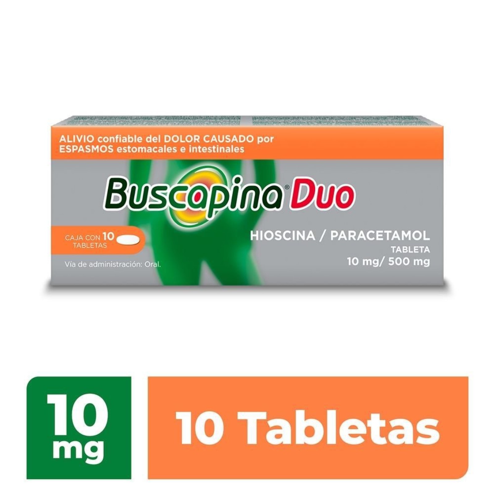Buscapina Duo Antiespasmódico y Analgésico 10 Tabletas. Alivia Eficazmente el Dolor de Panza y Calma los Retortijones a partir de 15 Minutos