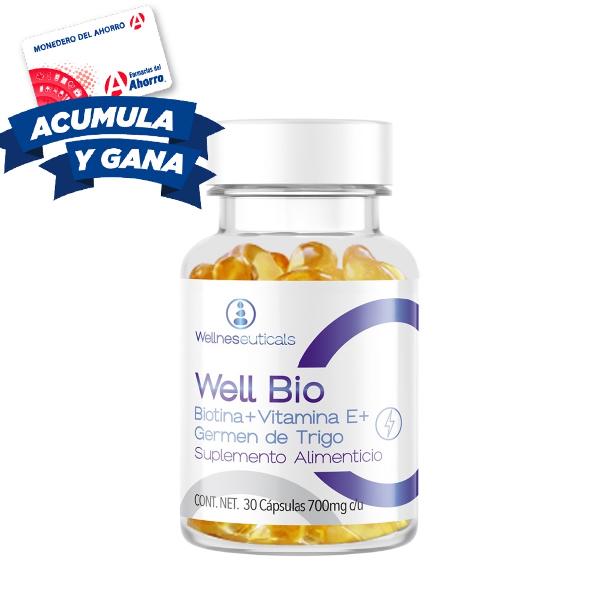 Farmacias del Ahorro | Well Bio Biotina + Vitamina E + Germen De Trigo 30 cápsulas
