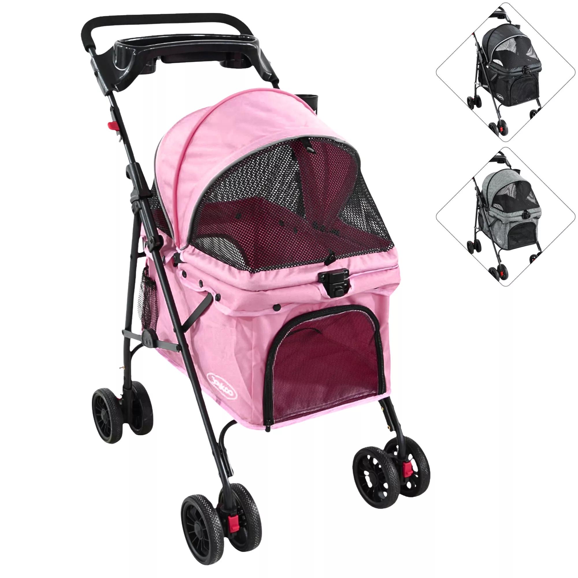 Carriola para Mascotas Cochecito para Perros y Gatos Pequeños - Medianos Ligera y Plegable con Freno Bandeja Portavasos Rosa