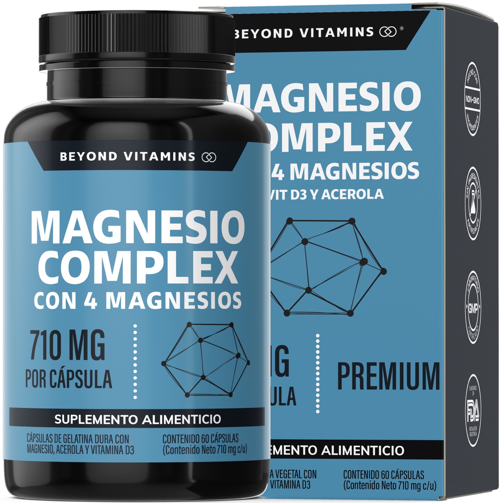 Beyond Vitamins Magnesios Complex: Citrato, Glicinato, Gluconato y &Oacute;xido de Magnesio | 710 mg por C&aacute;psula - 60 Caps